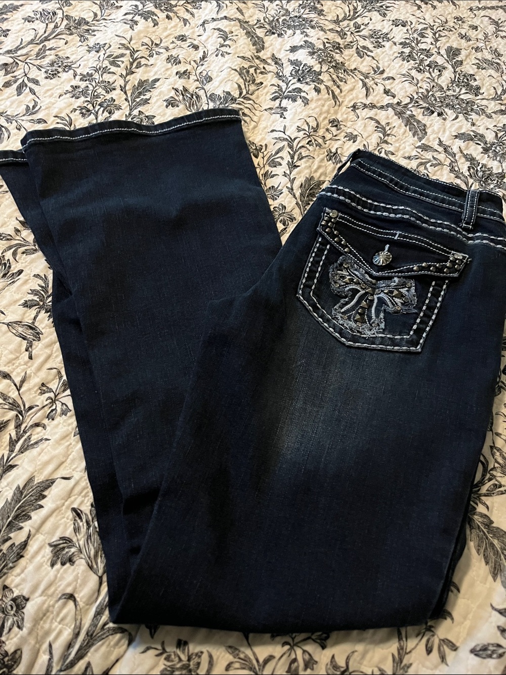 Women's Dark Blue Bootcut Jeans with Embroidered Pocket